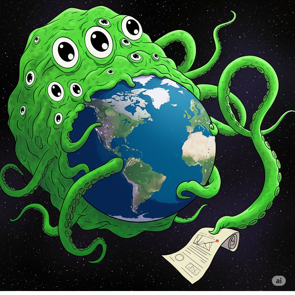 An AI generated cartoon of a giant shoggoth in space eating the earth with a tentacle holding a scientific report.