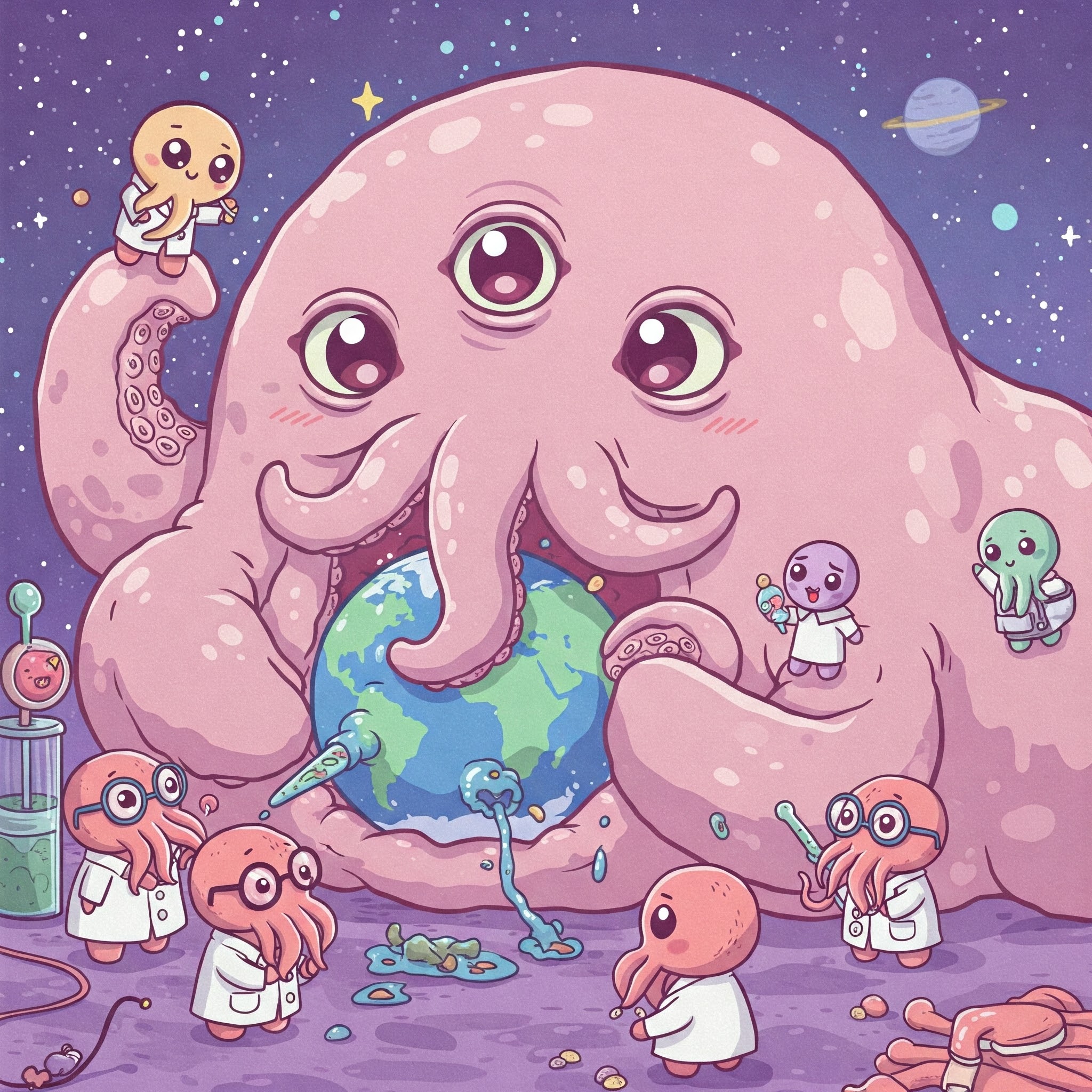 An AI generated cartoon of a giant shoggoth eating a planet with small shoggoth scientists feeding it.