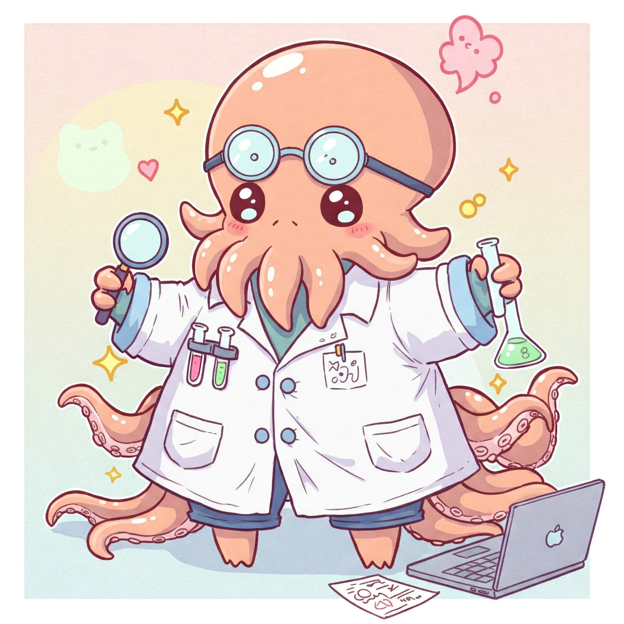 An AI generated cartoon of a shoggoth wearing a lab coat holding a beaker.